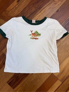 White Crop Ringer Tee with Green Trim and Deer Graphic